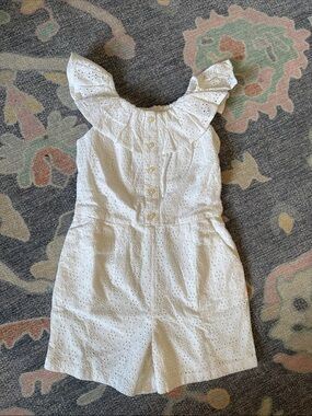 Girls' White Eyelet One-Piece Romper with Ruffle Collar